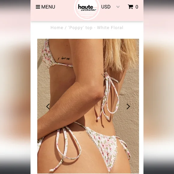 HAUTE swim pink poppies green leaves ribbon bows edging triangle string bikini - Picture 9 of 17